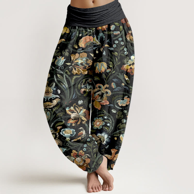 Buddha Stones haremowe z elastyczną talią i bawełnianymi, retro kwiatami i pnączami w kwiaty - Czarny - US16, UK/AU20, EU48 (3XL) - image 8
