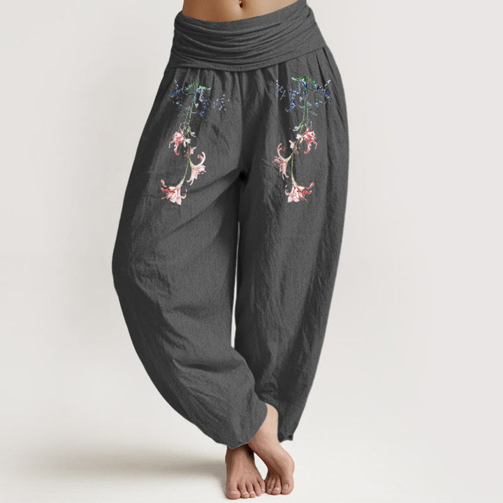 Spodnie haremki damskie z elastyczną talią, z czystej bawełny i prostym, pastelowym wzorem kwiatowym, z Buddha Stones - DimGray - US16, UK/AU20, EU48 (3XL) - image 8