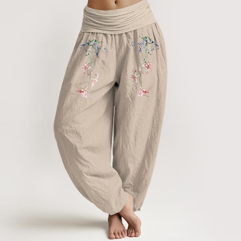 Spodnie haremki damskie z elastyczną talią, z czystej bawełny i prostym, pastelowym wzorem kwiatowym, z Buddha Stones - Dębnik - US16, UK/AU20, EU48 (3XL) - image 11