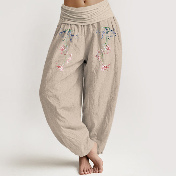 Spodnie haremki damskie z elastyczną talią, z czystej bawełny i prostym, pastelowym wzorem kwiatowym, z Buddha Stones - Dębnik - US16, UK/AU20, EU48 (3XL) - image 11