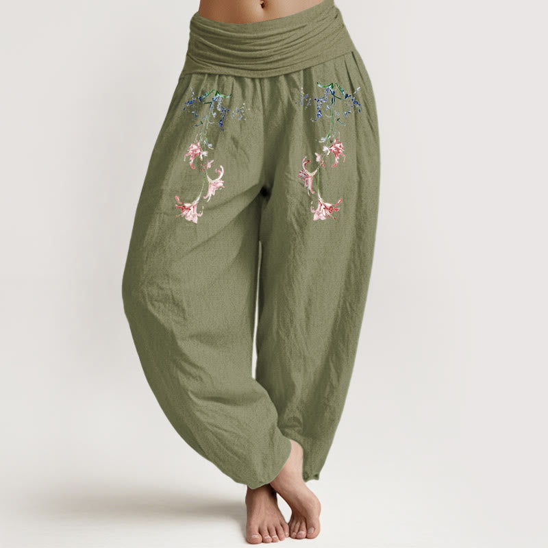 Spodnie haremki damskie z elastyczną talią, z czystej bawełny i prostym, pastelowym wzorem kwiatowym, z Buddha Stones - Oliwkowy - US16, UK/AU20, EU48 (3XL) - image 14