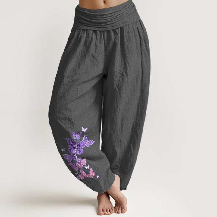 Damskie spodnie haremowe z elastyczną talią i wzorem motyli w pastelowe pastelowe wzory z Buddha Stones - DimGray - US16, UK/AU20, EU48 (3XL) - image 0
