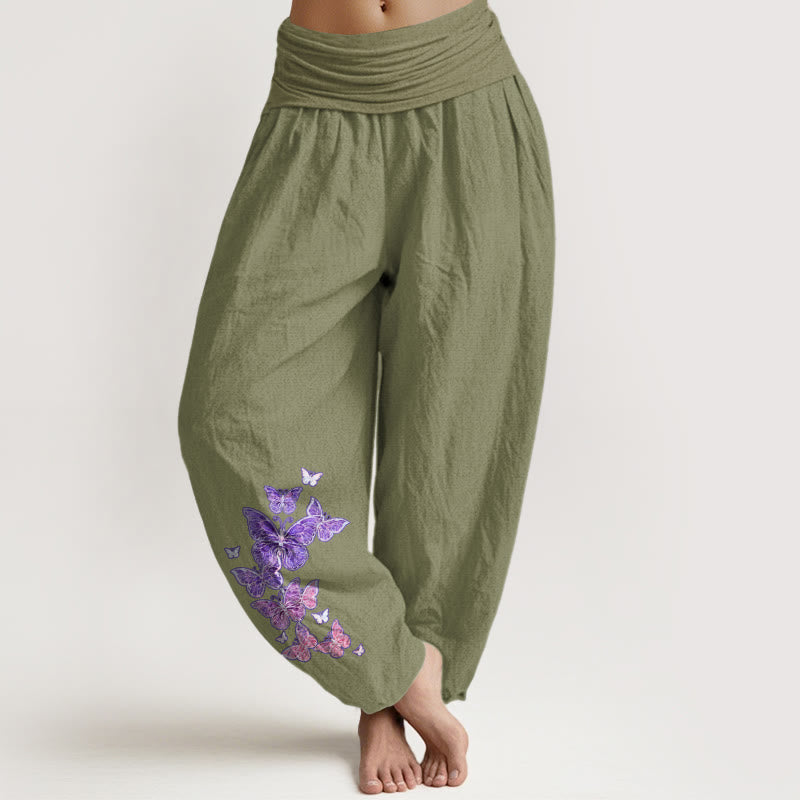 Damskie spodnie haremowe z elastyczną talią i wzorem motyli w pastelowe pastelowe wzory z Buddha Stones - Oliwkowy - US16, UK/AU20, EU48 (3XL) - image 14