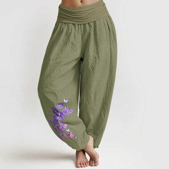 Damskie spodnie haremowe z elastyczną talią i wzorem motyli w pastelowe pastelowe wzory z Buddha Stones - Oliwkowy - US16, UK/AU20, EU48 (3XL) - image 14