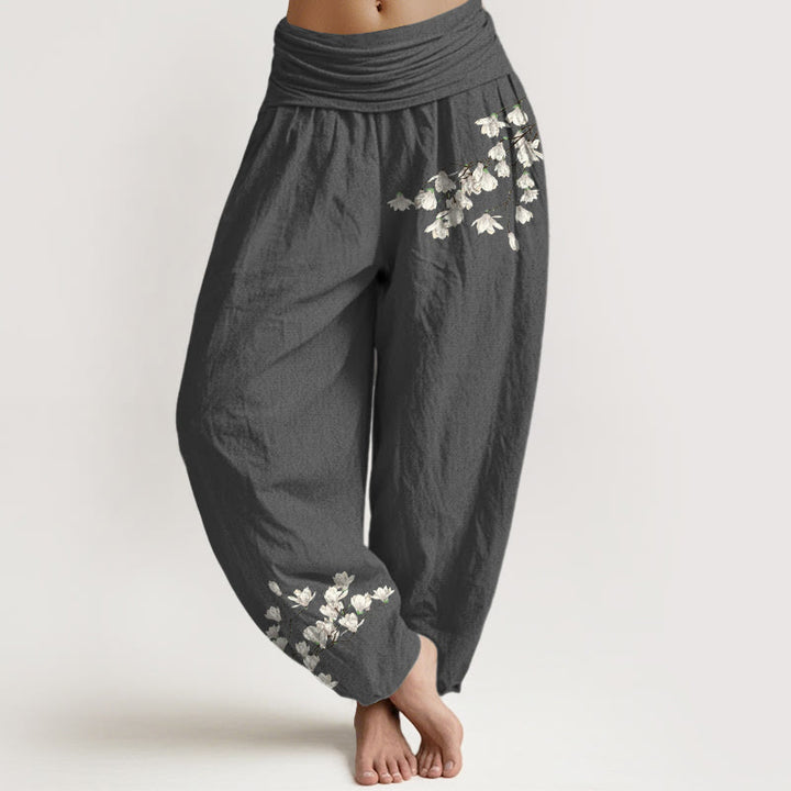 Spodnie haremki damskie z elastyczną talią i wzorem w kwiaty magnolii z czystej bawełny z motywem Buddha Stones - DimGray - US16, UK/AU20, EU48 (3XL) - image 0