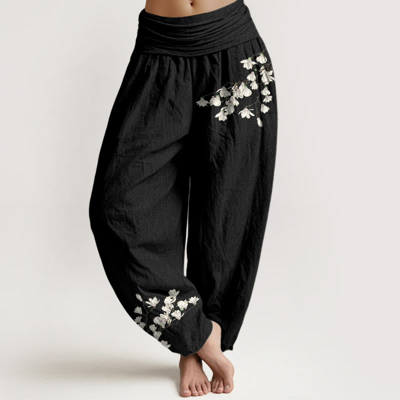 Spodnie haremki damskie z elastyczną talią i wzorem w kwiaty magnolii z czystej bawełny z motywem Buddha Stones - Czarny - US16, UK/AU20, EU48 (3XL) - image 5