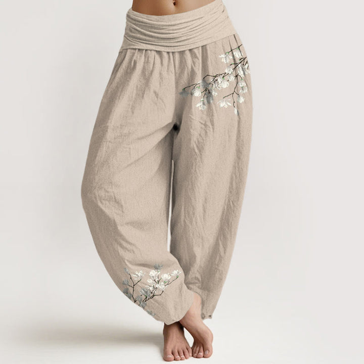 Spodnie haremki damskie z elastyczną talią i wzorem w kwiaty magnolii z czystej bawełny z motywem Buddha Stones - Dębnik - US16, UK/AU20, EU48 (3XL) - image 11