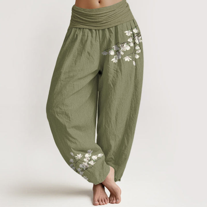 Spodnie haremki damskie z elastyczną talią i wzorem w kwiaty magnolii z czystej bawełny z motywem Buddha Stones - Oliwkowy - US16, UK/AU20, EU48 (3XL) - image 14