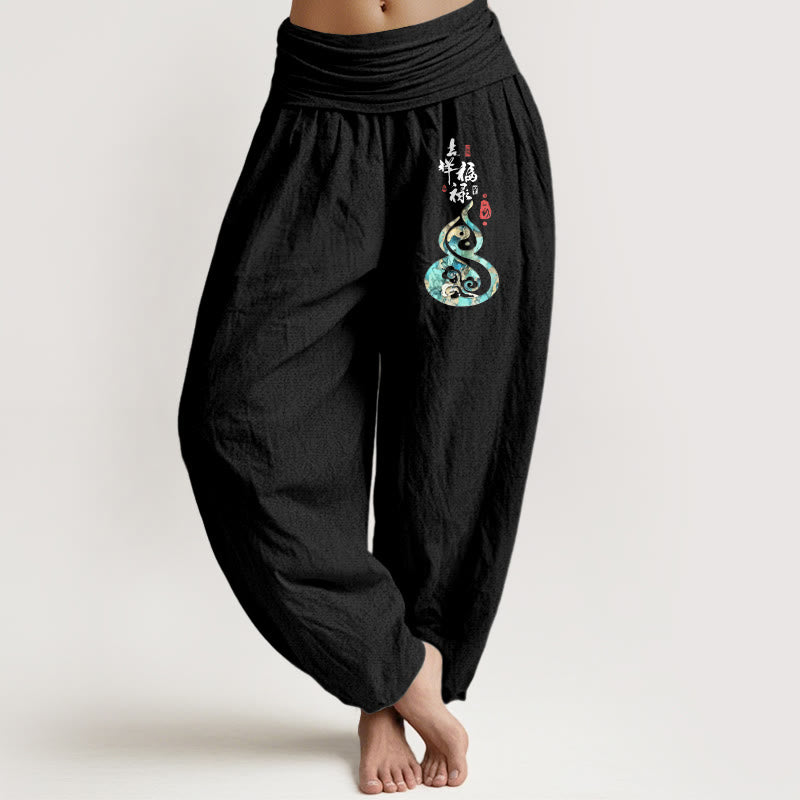 Damskie spodnie haremowe z elastyczną talią i znakami chińskimi z Buddha Stones z czystej bawełny - Czarny - US16, UK/AU20, EU48 (3XL) - image 0