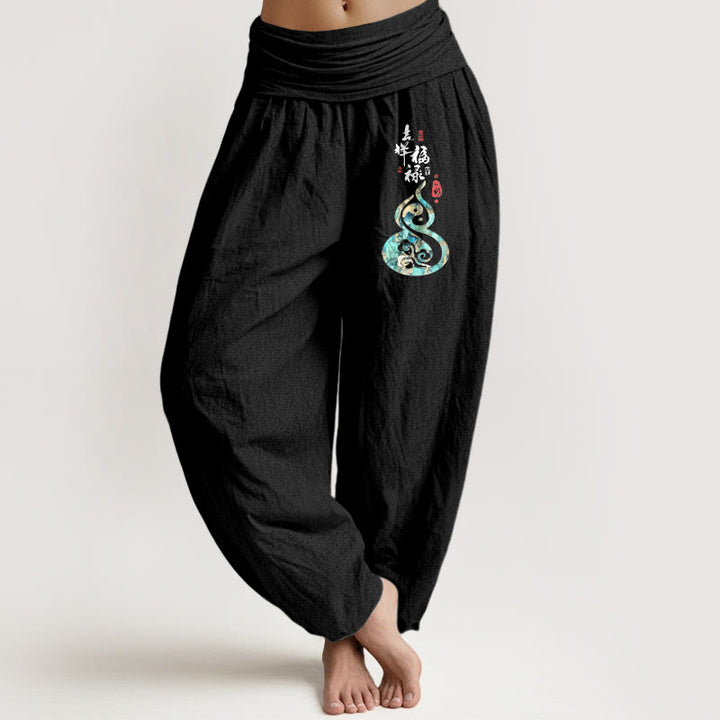 Damskie spodnie haremowe z elastyczną talią i znakami chińskimi z Buddha Stones z czystej bawełny - Czarny - US16, UK/AU20, EU48 (3XL) - image 0