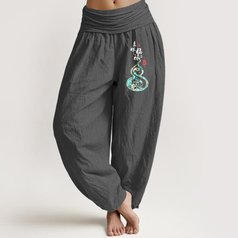 Damskie spodnie haremowe z elastyczną talią i znakami chińskimi z Buddha Stones z czystej bawełny - DimGray - US16, UK/AU20, EU48 (3XL) - image 8