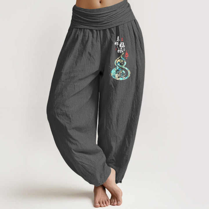 Damskie spodnie haremowe z elastyczną talią i znakami chińskimi z Buddha Stones z czystej bawełny - DimGray - US16, UK/AU20, EU48 (3XL) - image 8