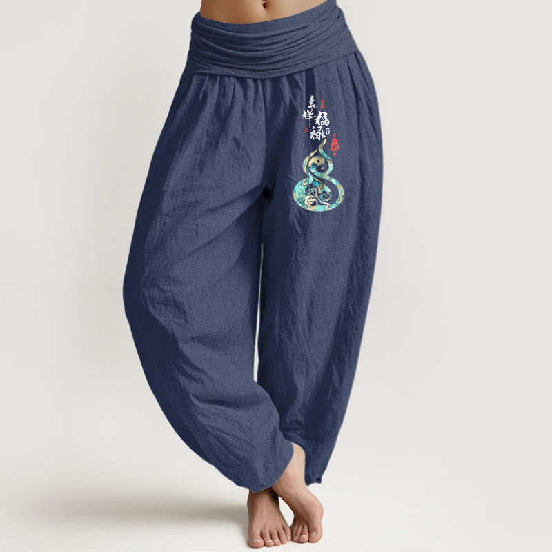 Damskie spodnie haremowe z elastyczną talią i znakami chińskimi z Buddha Stones z czystej bawełny - DarkSlateBlue - US16, UK/AU20, EU48 (3XL) - image 5