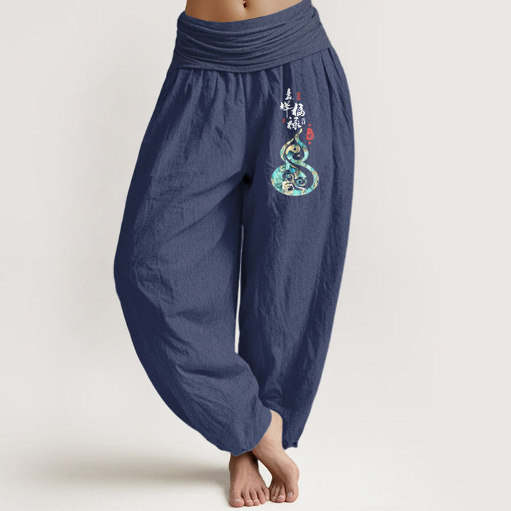 Damskie spodnie haremowe z elastyczną talią i znakami chińskimi z Buddha Stones z czystej bawełny - DarkSlateBlue - US16, UK/AU20, EU48 (3XL) - image 5