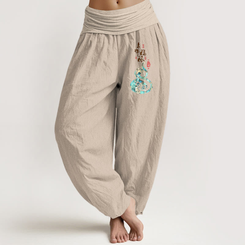 Damskie spodnie haremowe z elastyczną talią i znakami chińskimi z Buddha Stones z czystej bawełny - Dębnik - US16, UK/AU20, EU48 (3XL) - image 11