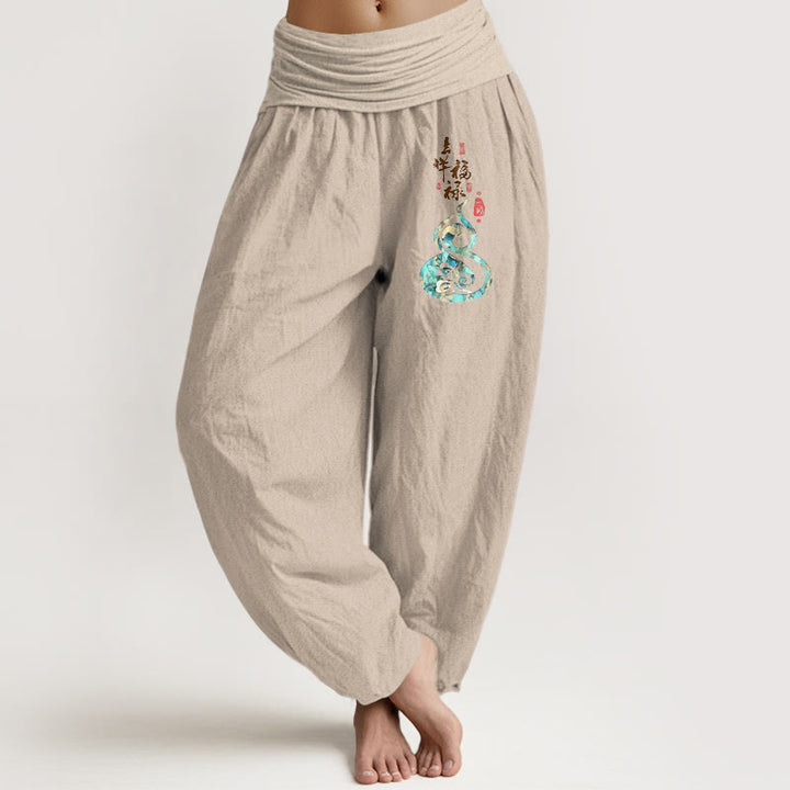 Damskie spodnie haremowe z elastyczną talią i znakami chińskimi z Buddha Stones z czystej bawełny - Dębnik - US16, UK/AU20, EU48 (3XL) - image 11