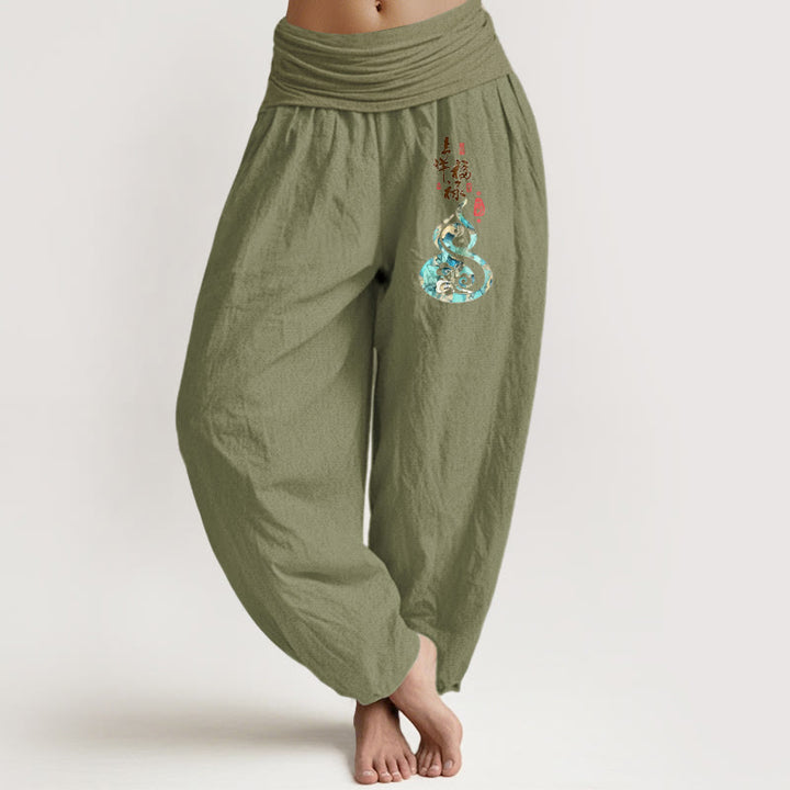 Damskie spodnie haremowe z elastyczną talią i znakami chińskimi z Buddha Stones z czystej bawełny - Oliwkowy - US16, UK/AU20, EU48 (3XL) - image 14
