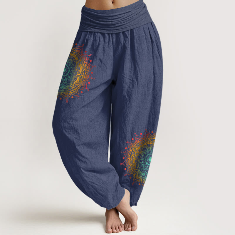 Spodnie haremki damskie z elastyczną talią, z czystej bawełny, w prostym stylu, z motywem mandali, z Buddha Stones - DarkSlateBlue - US16, UK/AU20, EU48 (3XL) - image 5