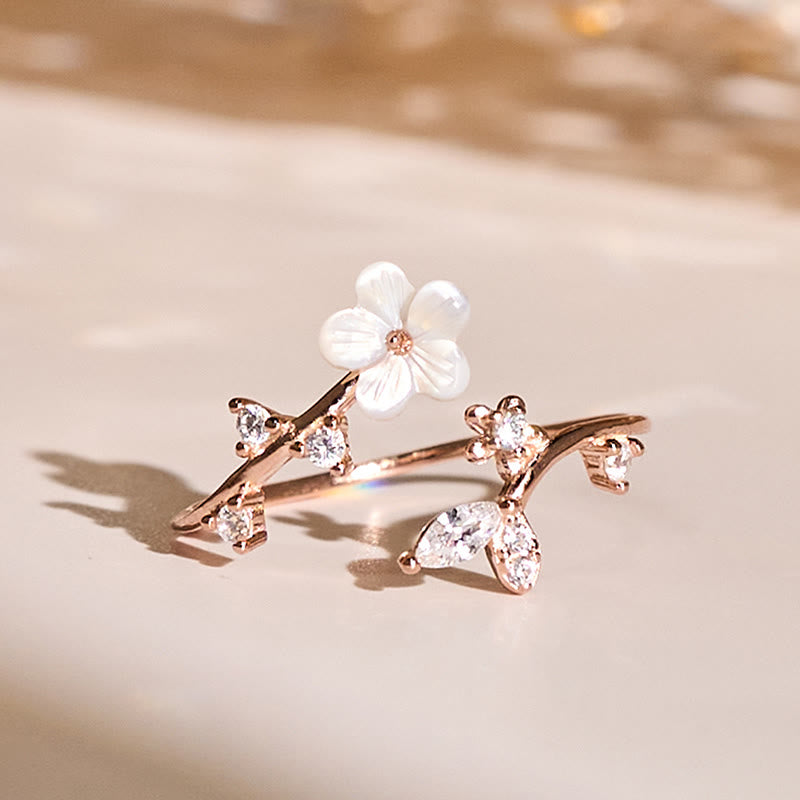 Pierścień błogosławieństwa z Buddha Stones ze srebra próby 925 z białym wzorem kwiatowym - Różowe złoto - image 0