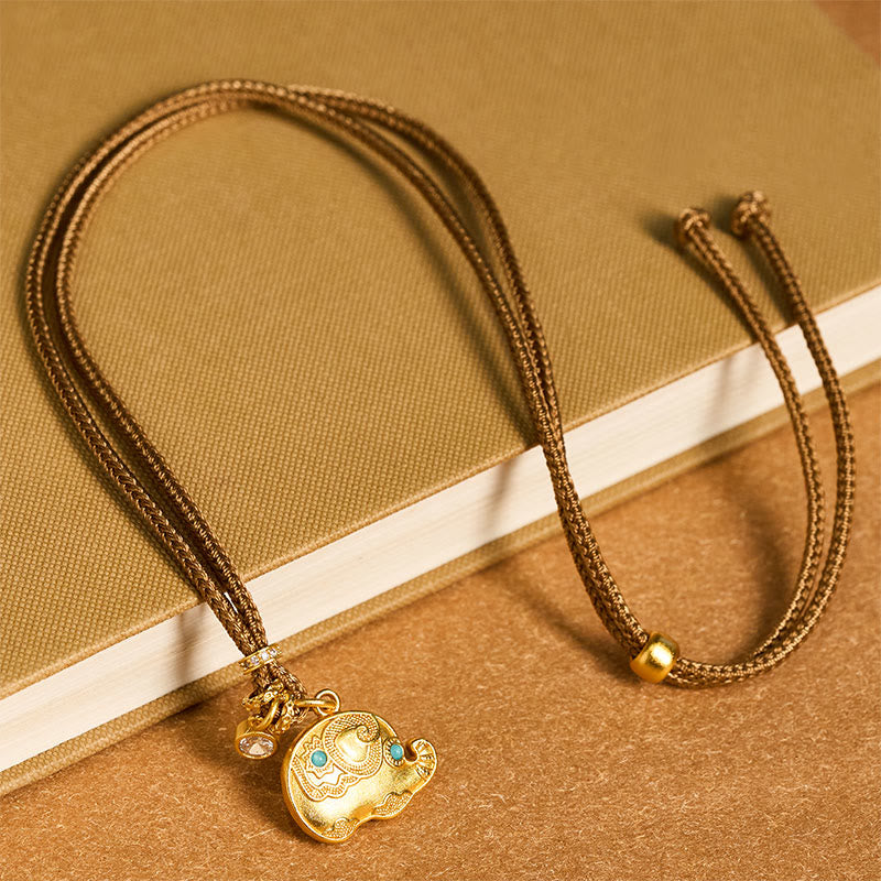 Naszyjnik z zawieszką z motywem słonia, spleciony sznurek, Buddha Stones, 24-karatowe złoto, mosiądz - image 3