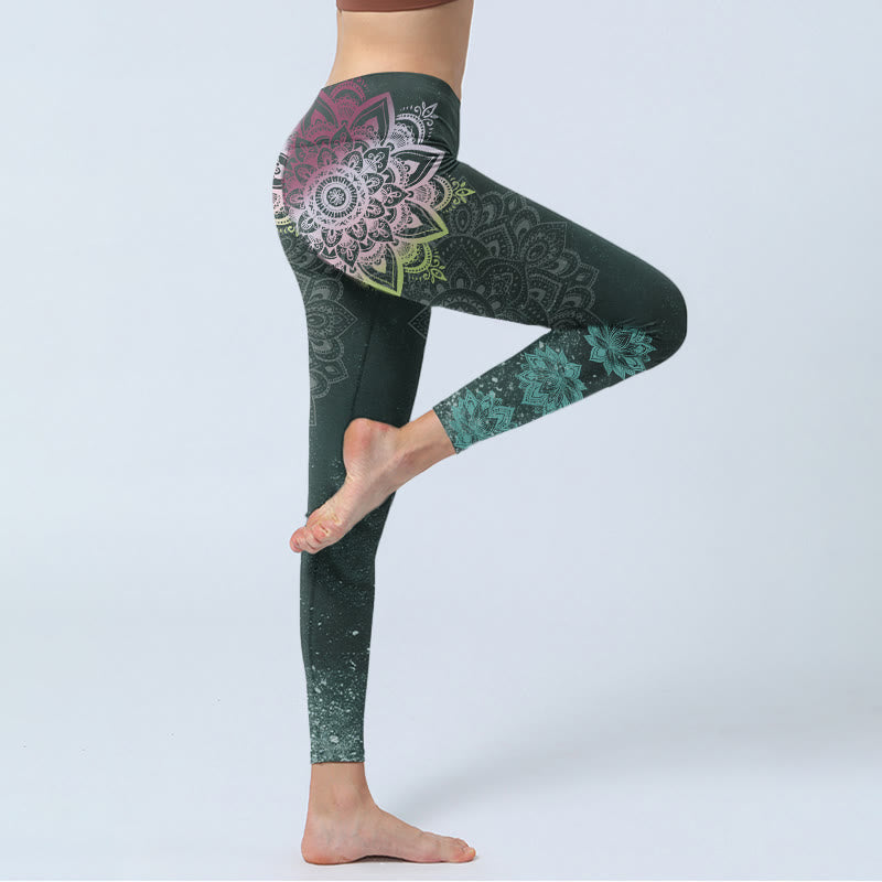 Buddha Stones, symetria, mandale, kwiaty lotosu, wzór, legginsy do ćwiczeń, damskie spodnie do jogi - image 3