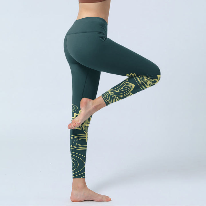 Legginsy do jogi damskie z nadrukiem w kwiaty lotosu i kamienie Buddha Stones - image 3