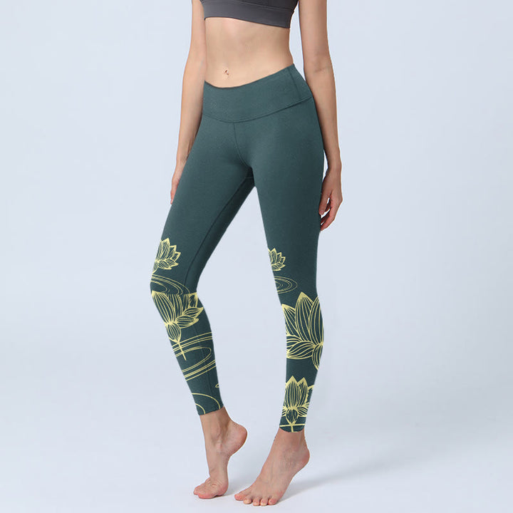 Legginsy do jogi damskie z nadrukiem w kwiaty lotosu i kamienie Buddha Stones - SeaGreen - US18, UK/AU22, EU50 (4XL) - image 0