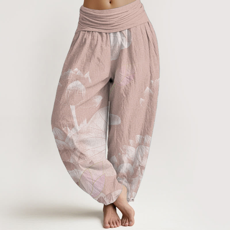 Damskie spodnie haremowe z elastyczną talią i bawełnianą różowo-białą imitacją lotosu z Buddha Stones - DarkSalmon - US22, UK/AU26, EU54 (6XL) - image 0