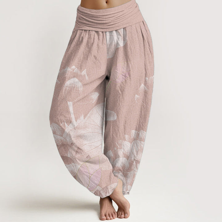 Damskie spodnie haremowe z elastyczną talią i bawełnianą różowo-białą imitacją lotosu z Buddha Stones - DarkSalmon - US22, UK/AU26, EU54 (6XL) - image 0