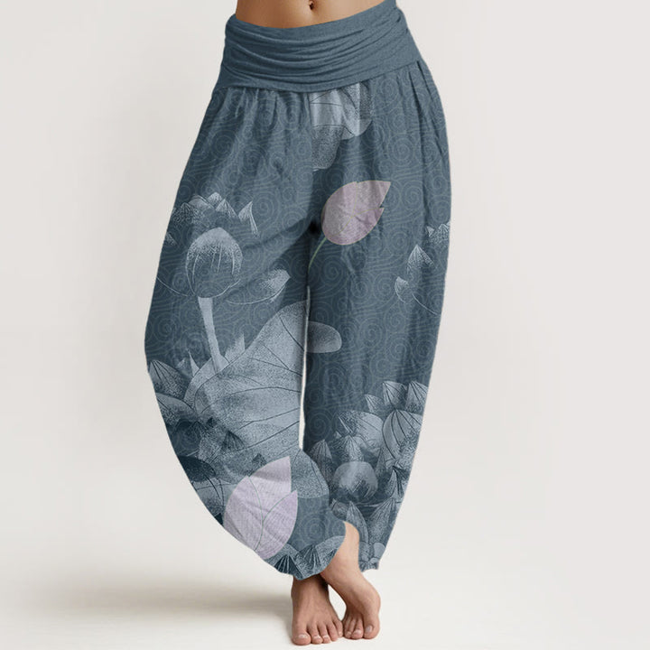 Damskie spodnie haremowe z elastyczną talią i bawełnianą różowo-białą imitacją lotosu z Buddha Stones - Stalowoniebieski - US22, UK/AU26, EU54 (6XL) - image 4
