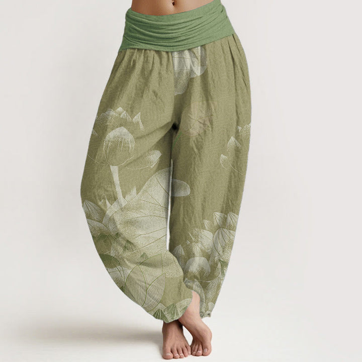 Damskie spodnie haremowe z elastyczną talią i bawełnianą różowo-białą imitacją lotosu z Buddha Stones - Ciemny Khaki - US22, UK/AU26, EU54 (6XL) - image 7