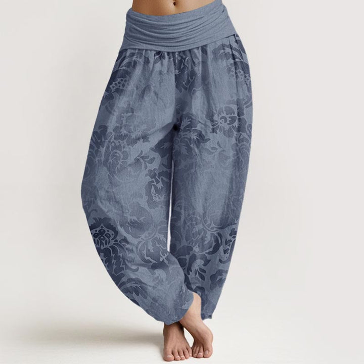 Spodnie haremowe damskie z elastycznym pasem i bawełnianą elastyczną talią w kwiaty i liście z motywem Buddha Stones - SkyBlue - US22, UK/AU26, EU54 (6XL) - image 0