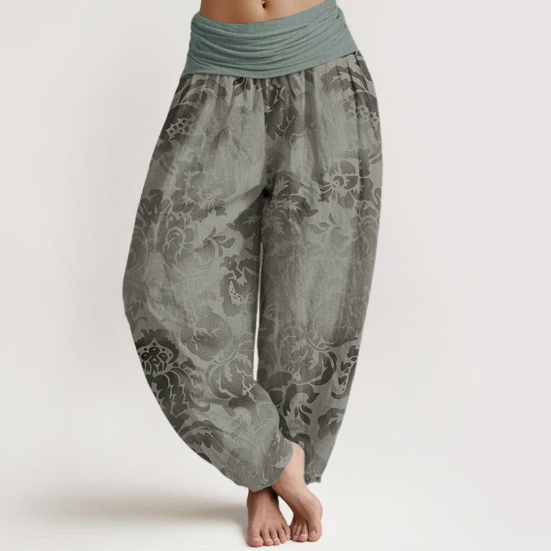 Spodnie haremowe damskie z elastycznym pasem i bawełnianą elastyczną talią w kwiaty i liście z motywem Buddha Stones - DarkSeaGreen - US22, UK/AU26, EU54 (6XL) - image 7