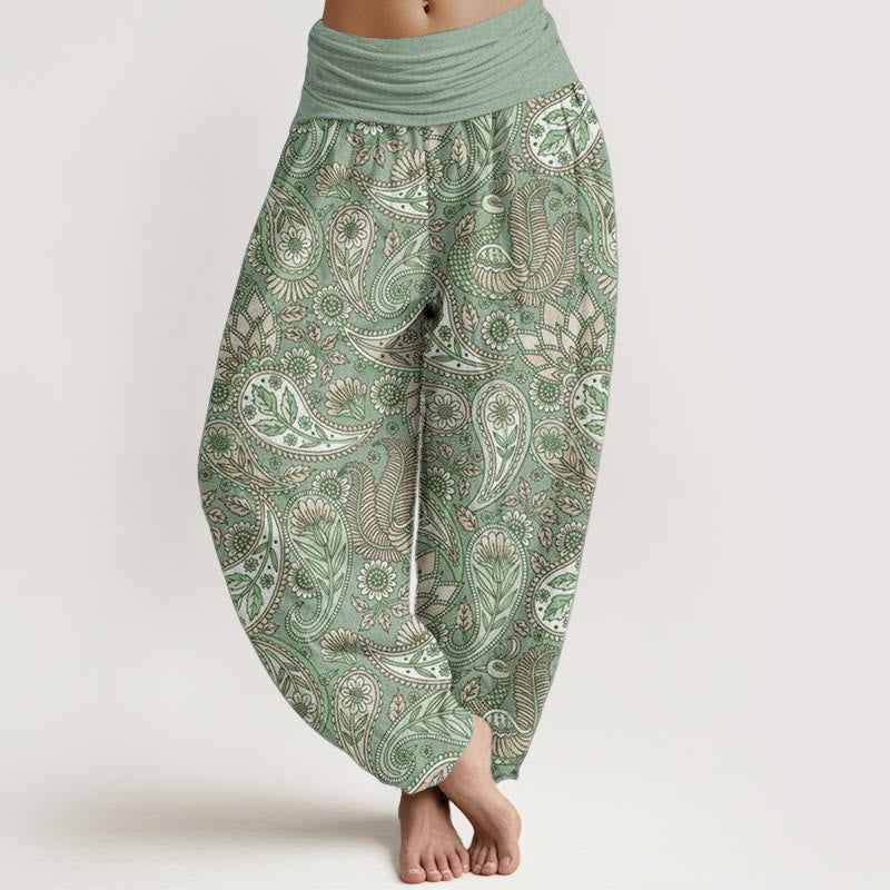 Buddha Stones spodnie haremowe z elastyczną talią i bawełnianym wzorem kwiatów nerkowca i pawia ze słonecznikiem - ŚredniaAkwamaryna - US22, UK/AU26, EU54 (6XL) - image 4