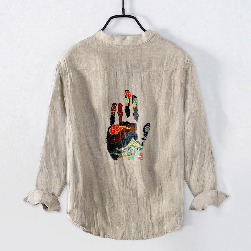 Koszula męska z długim rękawem z bawełny i lnu z odciskami dłoni i wzorem architektonicznym "Buddha Stones" - Bielizna - US/UK/AU50, EU60 (5XL) - image 0