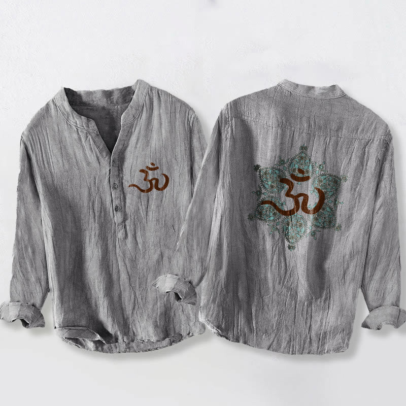 Koszula Buddha Stones z długim rękawem z bawełny i lnu, z symbolem Om i symetrycznym wzorem mandali, z półguzikami - Szary - US/UK/AU50, EU60 (5XL) - image 3