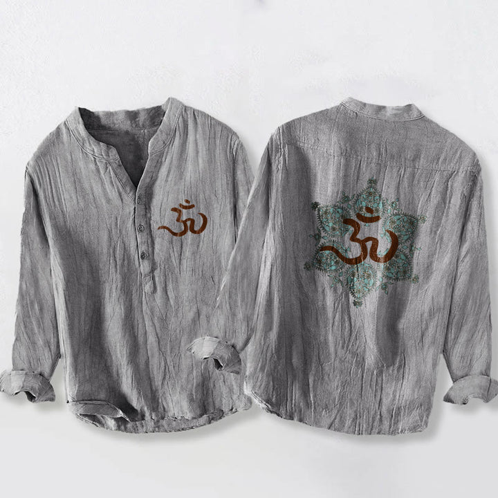 Koszula Buddha Stones z długim rękawem z bawełny i lnu, z symbolem Om i symetrycznym wzorem mandali, z półguzikami - Szary - US/UK/AU50, EU60 (5XL) - image 3