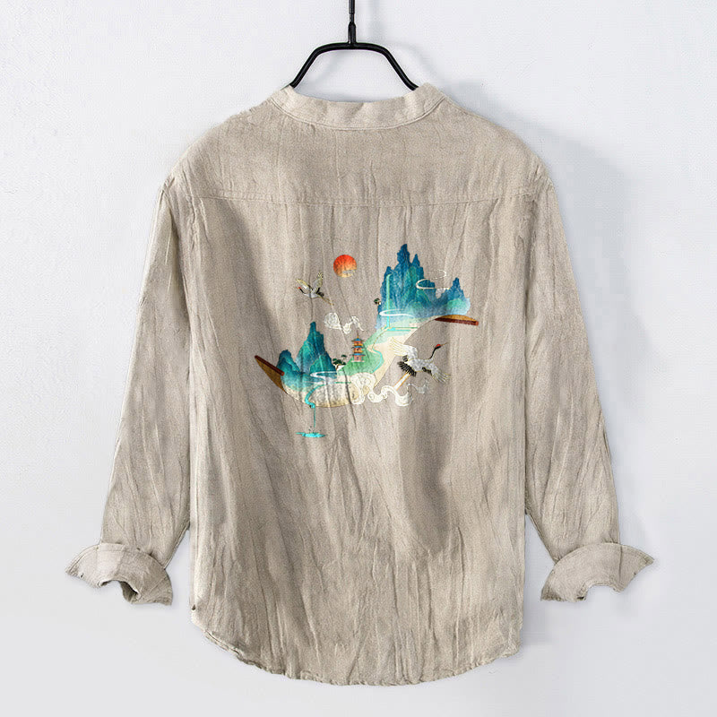 Koszula męska z długim rękawem z bawełny i lnu, z Buddha Stones, górami i żurawiami, z półguzikami - image 5