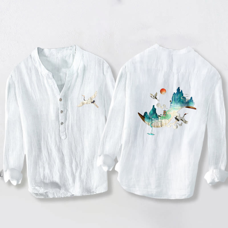 Koszula męska z długim rękawem z bawełny i lnu, z Buddha Stones, górami i żurawiami, z półguzikami - Biały - US/UK/AU50, EU60 (5XL) - image 6