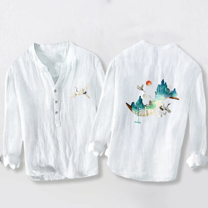 Koszula męska z długim rękawem z bawełny i lnu, z Buddha Stones, górami i żurawiami, z półguzikami - Biały - US/UK/AU50, EU60 (5XL) - image 6