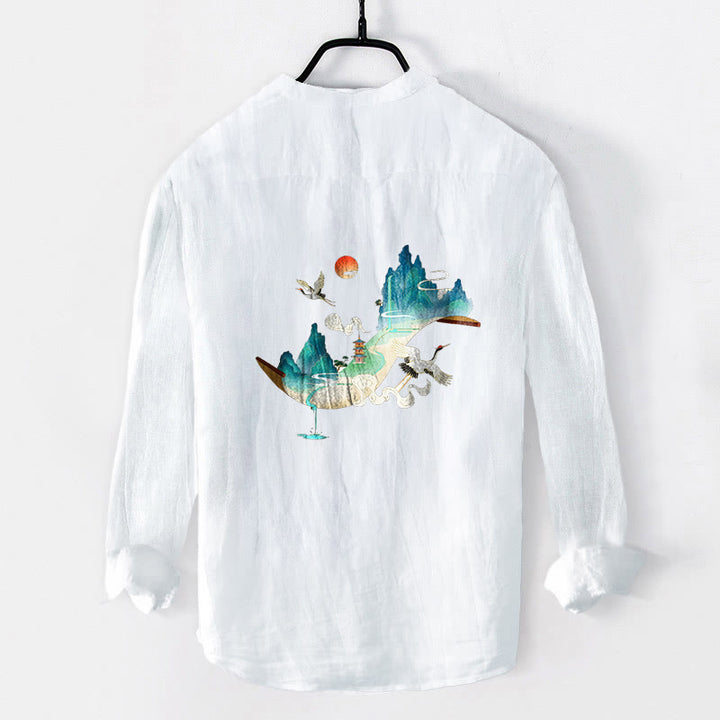 Koszula męska z długim rękawem z bawełny i lnu, z Buddha Stones, górami i żurawiami, z półguzikami - image 8
