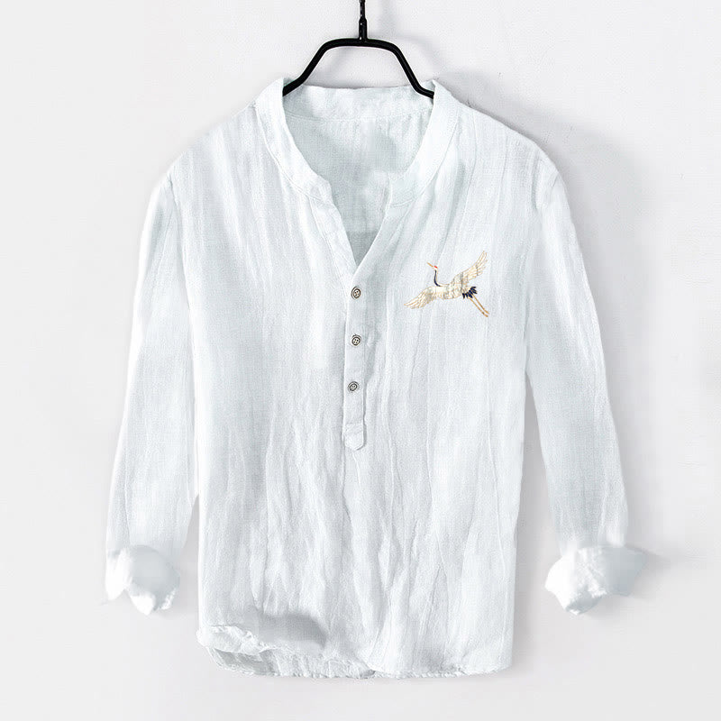 Koszula męska z długim rękawem z bawełny i lnu, z Buddha Stones, górami i żurawiami, z półguzikami - image 7