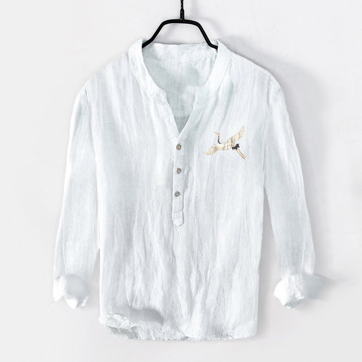 Koszula męska z długim rękawem z bawełny i lnu, z Buddha Stones, górami i żurawiami, z półguzikami - image 7