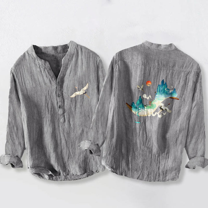 Koszula męska z długim rękawem z bawełny i lnu, z Buddha Stones, górami i żurawiami, z półguzikami - Szary - US/UK/AU50, EU60 (5XL) - image 0