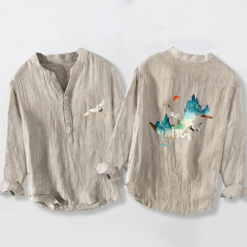 Koszula męska z długim rękawem z bawełny i lnu, z Buddha Stones, górami i żurawiami, z półguzikami - Bielizna - US/UK/AU50, EU60 (5XL) - image 3