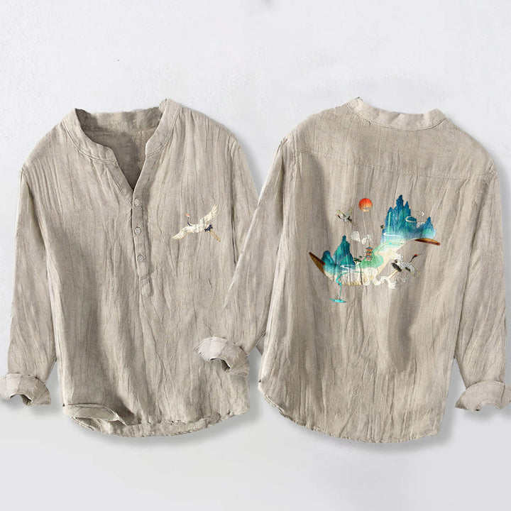 Koszula męska z długim rękawem z bawełny i lnu, z Buddha Stones, górami i żurawiami, z półguzikami - Bielizna - US/UK/AU50, EU60 (5XL) - image 3