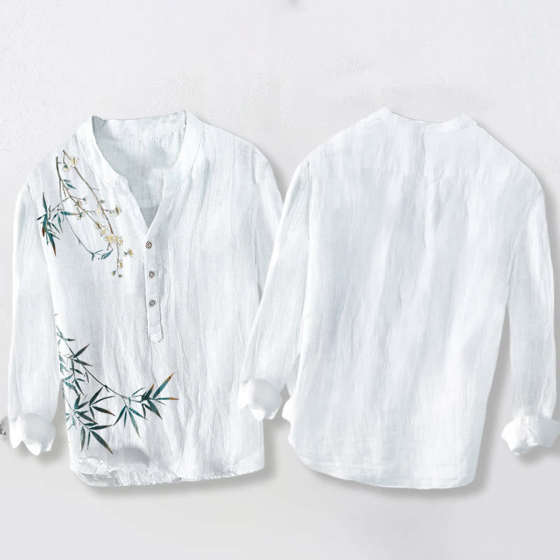 Koszula męska z długim rękawem z motywem Buddha Stones, liści bambusa i białych kwiatów śliwy, z bawełny i lnu - image 8