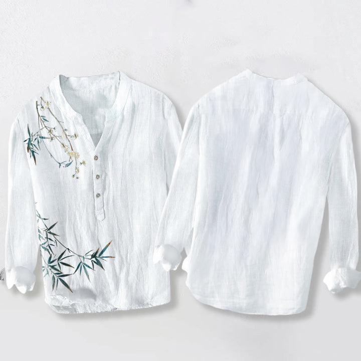 Koszula męska z długim rękawem z motywem Buddha Stones, liści bambusa i białych kwiatów śliwy, z bawełny i lnu - image 8