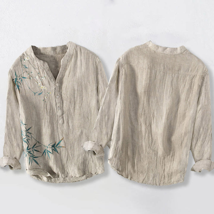 Koszula męska z długim rękawem z motywem Buddha Stones, liści bambusa i białych kwiatów śliwy, z bawełny i lnu - image 2