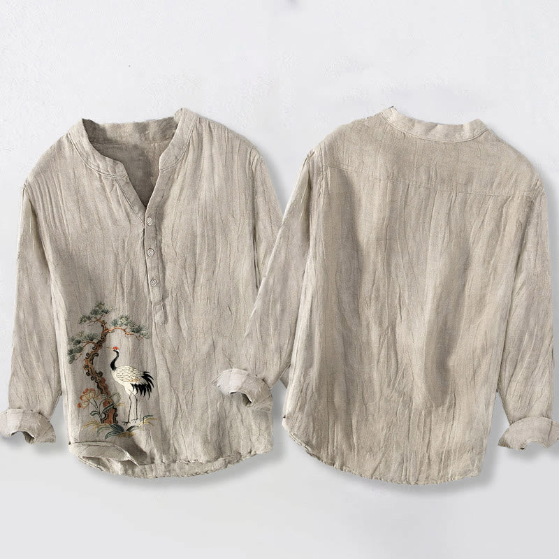 Koszula męska z długim rękawem z motywem kamieni Buddha Stones, żurawi i sosny, z półguzikami, z bawełny i lnu - image 2